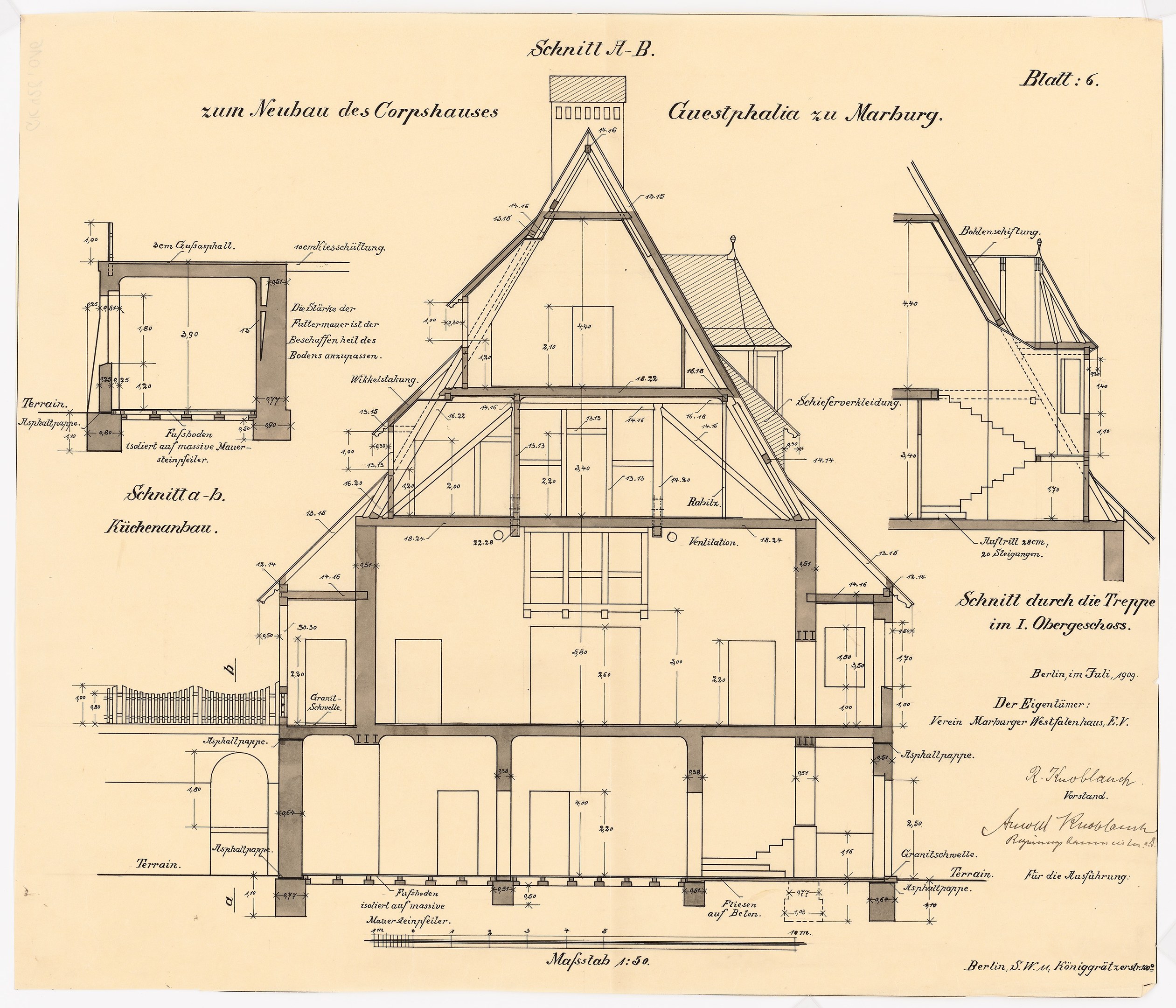 Zeichnung eines Hauses mit zahlreichen Fenstern und einem Dach, beschriftet als erstes Haus in Deutschland, begleitet von detaillierten Plänen und Text auf Papier.