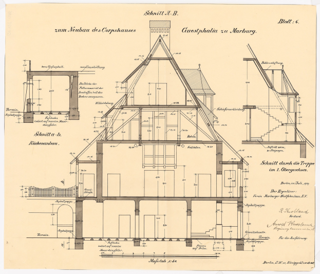 Zeichnung eines Hauses mit zahlreichen Fenstern und einem Dach, beschriftet als erstes Haus in Deutschland, begleitet von detaillierten Plänen und Text auf Papier.