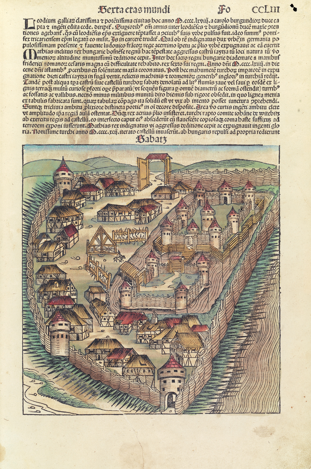 Ein aufgeschlagenes Buch mit einer Zeichnung einer Stadt und mehreren Gebäuden sowie Text auf der Seite.