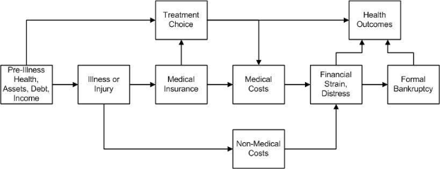 Flowchart-Diagramm, das die Arten medizinischer Kosten veranschaulicht, die mit Vorerkrankung, Gesundheit und Gesundheitsergebnissen verbunden sind, mit verbundenen und beschrifteten Kästchen, die Schritte und Interaktionen zeigen.