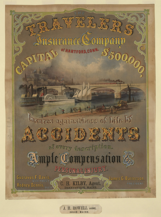 Werbeposter für die Traveler's Insurance Company of Hartford, Connecticut, mit Booten, einer Brücke und Gebäuden sowie Texten, die Reiseversicherungsdienstleistungen anbieten.