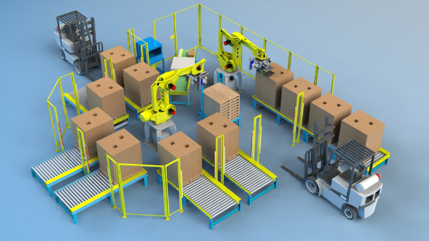 Eine Gruppe automatischer Roboter, die auf Förderbändern in einem Lager arbeiten, umgeben von Kartons und Fahrzeugen auf dem Boden.