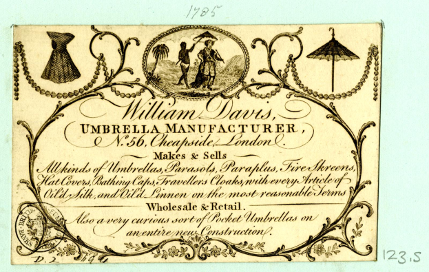 Alte Visitenkarte mit Porträt von William Davis, einem Schirmhersteller, mit Text zur Beschreibung der Unternehmensdienstleistungen.