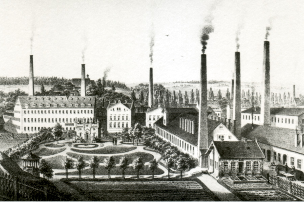 Eine Schwarz-Weiß-Zeichnung einer Fabrik mit Rauch aus ihren Schornsteinen, umgeben von Gebäuden, Bäumen, Pflanzen, Gras und einem Zaun, mit dem Text "New York State Penitentiary" unten.