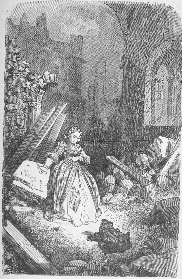 Eine Radierung einer Frau in einem langen Kleid mit hohem Kragen und langen Ärmeln, die vor zerfallenen Ruinen unter einem tiefblauen Himmel steht, mit der Inschrift "William Hogarth - Das Mädchen in den Ruinen" unten.