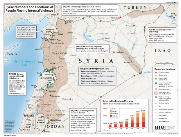 Ein Plakat mit einer Karte von Syrien und Datenvisualisierungen sowie Texten über Menschen, die durch innere Gewalt vertrieben wurden.