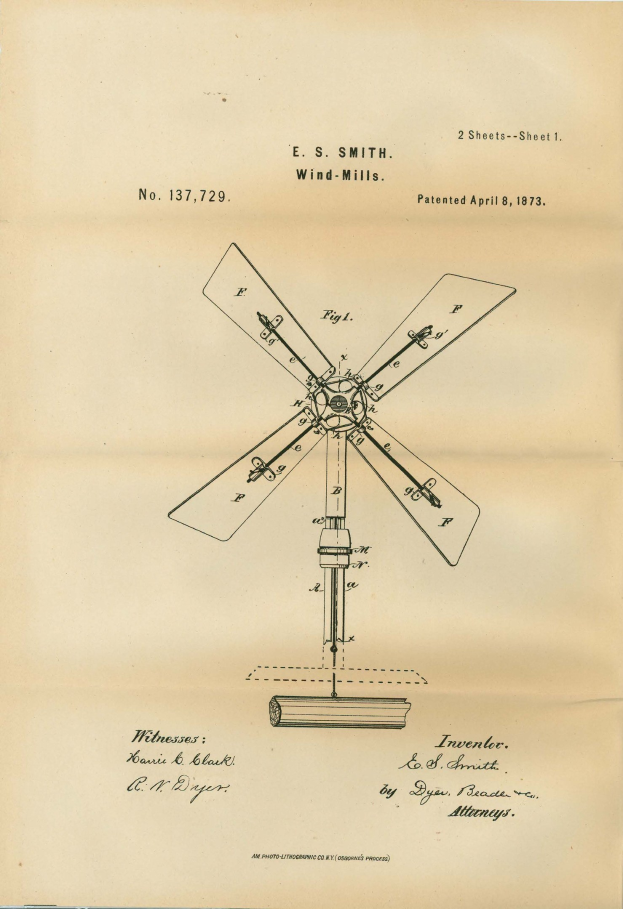 Ein altes Buch mit einer detaillierten Zeichnung einer Windmühle mit sichtbaren Flügeln und Propellern, begleitet von beschreibendem Text.