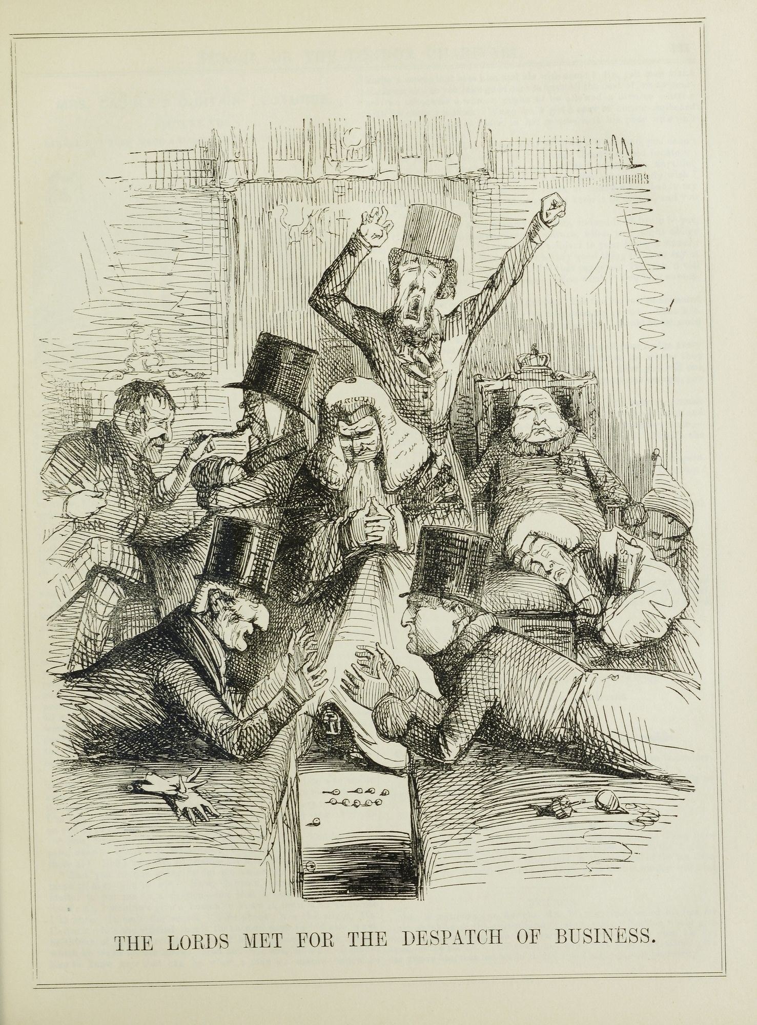 Eine historische Illustration, die eine Gruppe von Menschen in Not zeigt, wobei einige ängstlich nach oben schauen und andere verwirrt nach unten schauen, begleitet von einem Text, der "Die Lords trafen sich zur Geschäftsabwicklung" lautet.