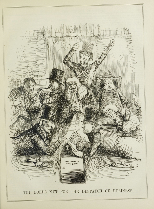 Eine historische Illustration, die eine Gruppe von Menschen in Not zeigt, wobei einige ängstlich nach oben schauen und andere verwirrt nach unten schauen, begleitet von einem Text, der "Die Lords trafen sich zur Geschäftsabwicklung" lautet.