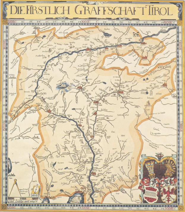 Plakat einer historischen Karte der ersten Grafschaft Tirol, das geografische Merkmale wie Flüsse, Berge und Städte zeigt und von begleitendem Text umgeben ist.