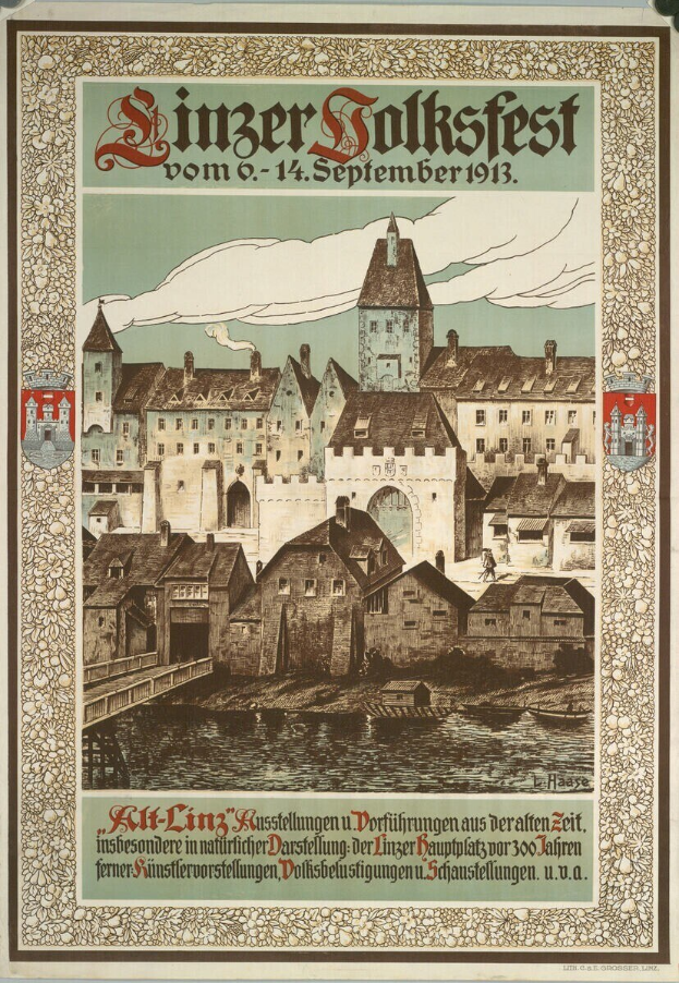 Alter deutscher Festplakat mit Burg- und Häuserillustration, begleitet von Text.