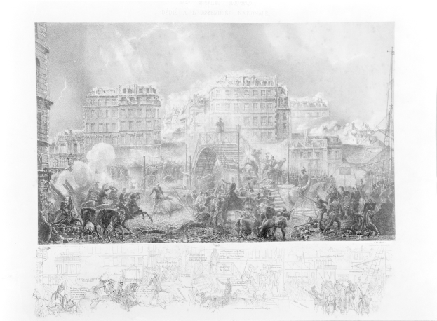 Schwarze und wei├če chaotische Stadtkulisse mit Menschen, Pferden, Geb├Ąuden und Text unten.