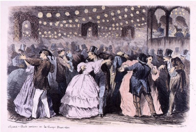 Eine Gruppe von Menschen, die in einem Ballsaal tanzen, mit beleuchteten Wänden und dem Text "Madame Baille Nacional en la Campagne Bleuet, 1860" unten.