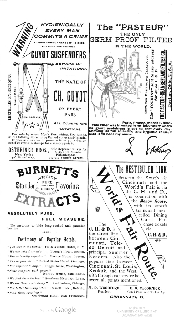 Ein Mann im Anzug und mit zurückgek├Ąmmtem Haar, der ernst dreinschaut, steht im Mittelpunkt einer alten Werbung f├╝r Burnett's Extracts von der World's Fair Route, umgeben von fettem, hellgelben Text.