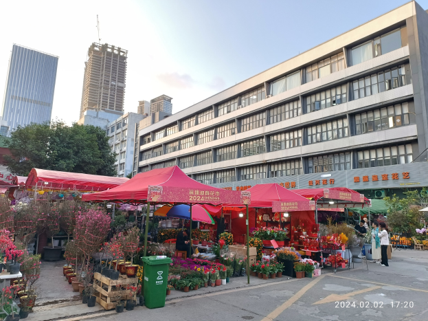 Ein blühender Blumenmarkt mit bunten Blumen, Pflanzen und Bäumen erstreckt sich über eine von hohen Gebäuden gesäumte Stadtstraße, wo Menschen zwischen Zelten und Mülltonnen unter einem Himmel mit weißen Wolken umhergehen.
