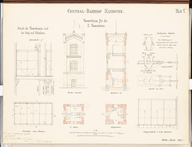 Ein Buchumschlag mit einer detaillierten Zeichnung des Zentralbahnhofs Hannover, der seine architektonischen Merkmale wie Fenster und Türen zeigt, mit begleitendem Text über die Gebäudeplanung.