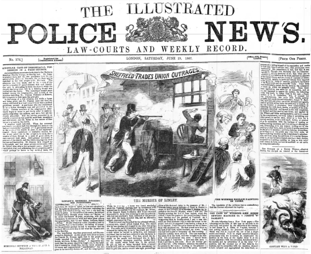 Schwarze und weiße Titelseite der Illustrated Police News von 1867 mit einer zentralen Illustration einer Gruppe von Menschen und der Überschrift "Police News" mit einem Logo oben.