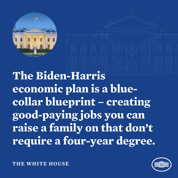 Plakat mit einem Bild des Weißen Hauses und Text, der den Biden-Harris-Wirtschaftsplan als blue-collar-Blueprint für die Schaffung von gut bezahlten Jobs präsentiert, die Familien ohne vierjähriges Studium unterstützen.