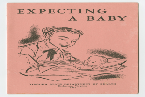 Ein Buchumschlag mit einer Frau, die ein Baby hält, beide mit zufriedenen Gesichtern, und der Titel 'Erwarten ein Baby'.