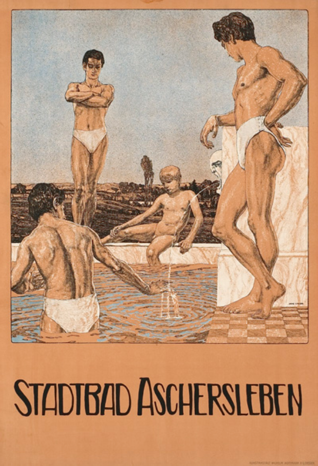 Eine Gruppe von Menschen, die im Schwimmbad steht und eine Person sitzt, mit Text, der Informationen über das Schwimmbad und seine Einrichtungen in Aschersleben, Deutschland, bereitstellt.