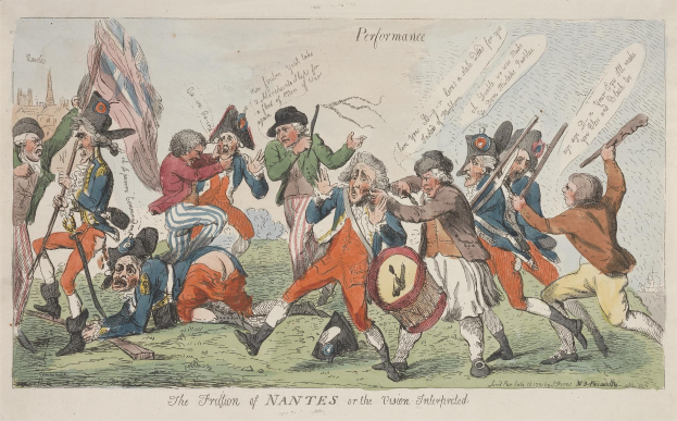 Cartoon, das eine Gruppe von Männern in Militäruniformen zeigt, einige mit Waffen und einer mit einer Trommel, sowie den Text "Die Frustration von Nantes oder die Vision Interprecedent" darunter.