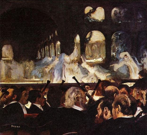 Ein Gemälde namens "Das Konzert in der Oper" von Edgar Degas, das eine Gruppe von Menschen in einem Raum zeigt, einige halten musikalische Instrumente, mit Säulen und einer Wand im Hintergrund und Text oben und unten.