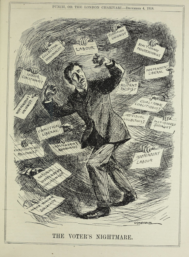 Ein Blatt mit einer Zeichnung eines Mannes in Anzug und Krawatte, der ein Schild mit der Aufschrift "Der Albtraum des Wählers" hält, der Entschlossenheit und Selbstvertrauen ausstrahlt.