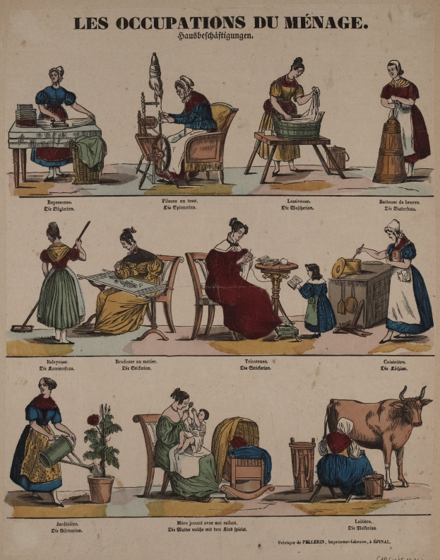 Ein Plakat aus dem 19. Jahrhundert, das genderbasierte Berufe zeigt, mit sitzenden und stehenden Figuren, einer Kuh, einem Topf mit einer Pflanze und anderen Gegenständen sowie begleitendem Text.