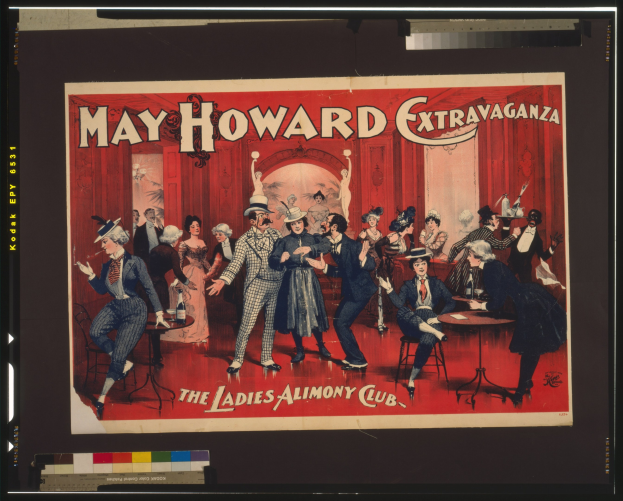 Plakat für das May Howard Extravaganza im Ladies Alimony Club, das eine Gruppe von Menschen an Tischen mit Event-Text zeigt.
