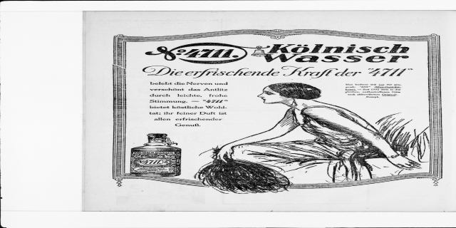 Eine Werbung für Kölnisch Wasser mit einer Frau mit menschlichem Gesicht und Text, der das Produkt beschreibt.