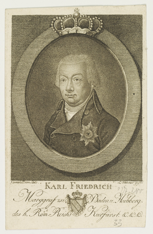 Porträt des Königs Karl Friedrich Friedrich von Deutschland, mit Krone, mit ernstem Gesichtsausdruck, direkt in die Kamera schauend.