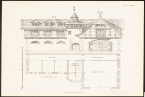 Eine Schwarz-Weiß-Zeichnung eines Gebäudes mit einem Uhrenturm, identifiziert als das Leipziger Architekturmuseum, auf einem Blatt Papier mit Text.