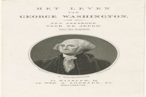 Porträt von George Washington auf Papier mit Text, der nach vorne schaut, mit ernstem Gesichtsausdruck, Anzug und Krawatte, markanter Nase und Kinn, zurückgekämmtes Haar.