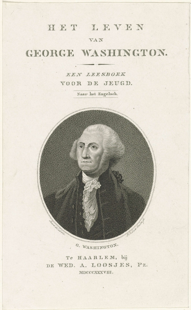 Porträt von George Washington auf Papier mit Text, der nach vorne schaut, mit ernstem Gesichtsausdruck, Anzug und Krawatte, markanter Nase und Kinn, zurückgekämmtes Haar.