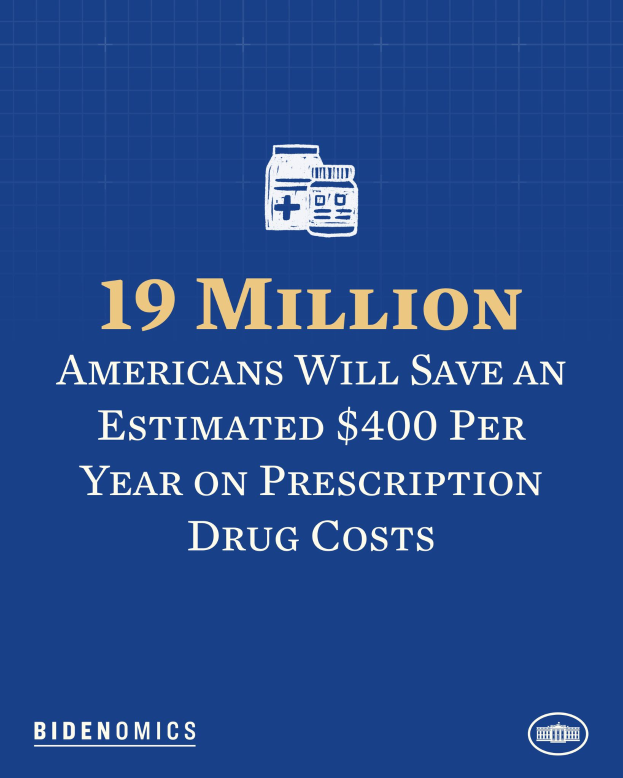 Ein blauer Hintergrund mit weißer Schrift und einem Logo, das '19 Millionen Amerikaner werden geschätzt jährlich 400 USD an Arzneimittelkosten sparen' lautet.