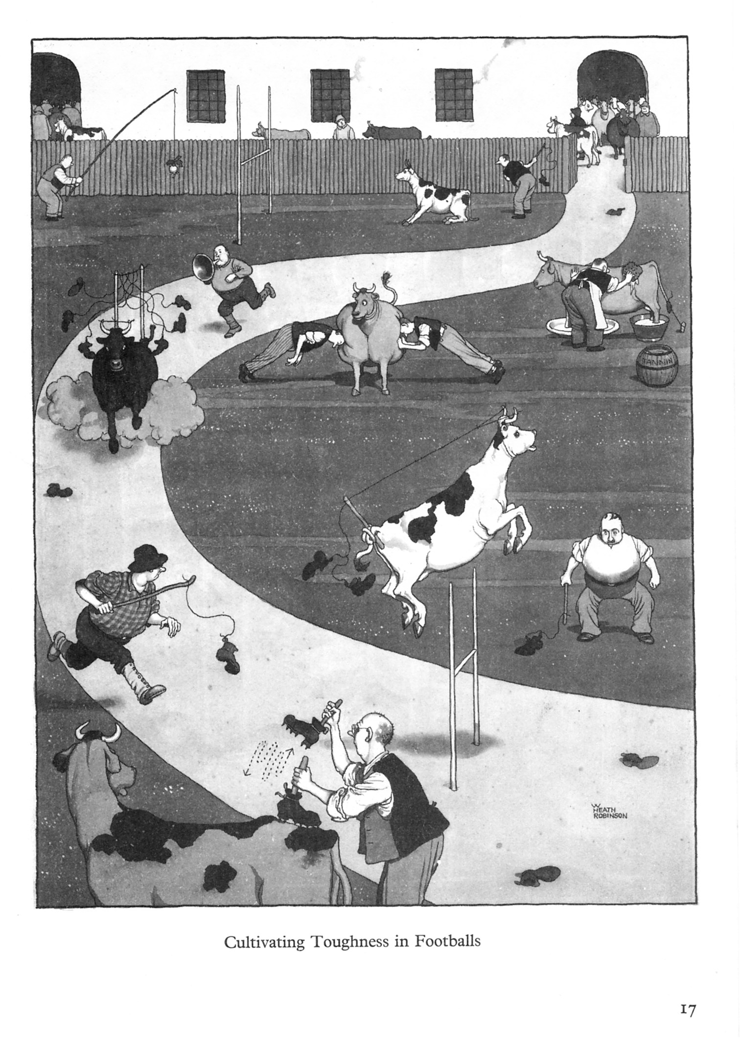 Schwarze und wei├če Zeichnung von Menschen und Tieren auf einem Feld mit einer Wand und Fenstern im Hintergrund, mit der Beschriftung "Züchtung von H├Ąrte im Fussball" unten.