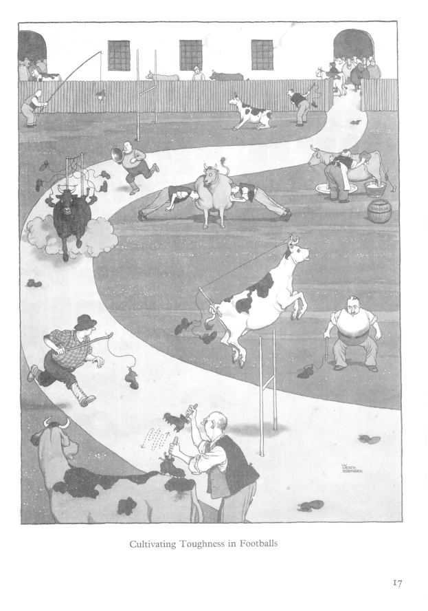 Schwarze und wei├če Zeichnung von Menschen und Tieren auf einem Feld mit einer Wand und Fenstern im Hintergrund, mit der Beschriftung "Züchtung von H├Ąrte im Fussball" unten.
