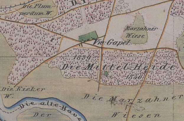 Ein detaillierter alter Stadtplan von Dresden, Deutschland, mit Straßen, Gebäuden, Sehenswürdigkeiten und einem grünen Objekt in der Mitte.