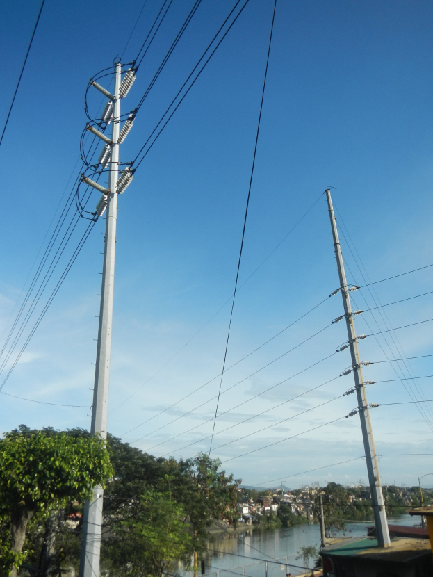 Stromtrasse mit Strommasten und Drähten, die neben einer Straße neben einem Gewässer verlaufen, mit Bäumen und Gebäuden im Hintergrund unter einem klaren blauen Himmel.