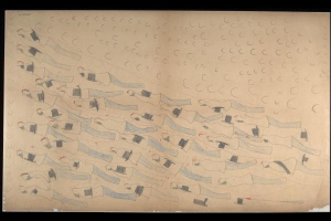 Eine Schwarz-Weiß-Zeichnung von Menschen, die im Einklang in einem Gewässer schwimmen, eingerahmt von einem schwarzen Rand.