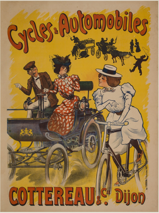 Ein Vintage-Plakat, das Fahrräder und Automobile in Cottereau und Dijon, Frankreich, bewirbt, zeigt Menschen auf Fahrrädern und eine Kutsche, mit der Aufschrift "Fahrräder und Automobile" oben.
