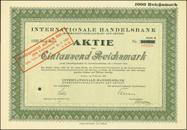Internationaler Handelsbank-Aktienzertifikat-Rahmen mit einem roten Stempel und Textangabe der Aktiennennwert.