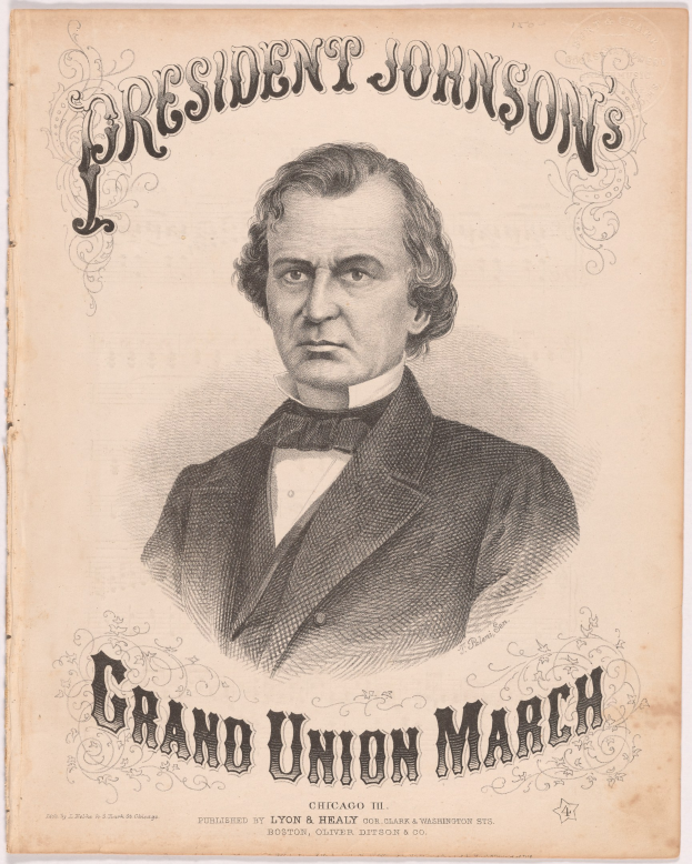 Ein Plakat mit einem Porträt von Präsident Johnson in der Mitte, mit Text, der wahrscheinlich das Großunion-Marsch-Event beschreibt.