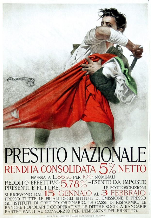 Plakat eines Mannes in einem weißen Hemd, der ein rotes Tuch hält, mit der Aufschrift "Prestito Nazionale Rendita Consolidata 5% Netto" oben und einem entschlossenen Gesichtsausdruck.