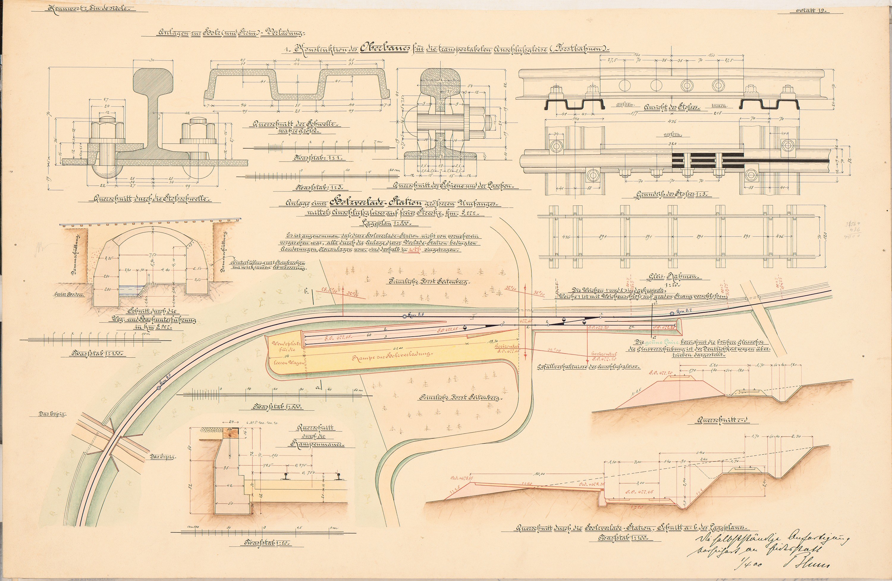 Altes Buch mit detaillierten Zeichnungen und Text eines Eisenbahnlayouts, einschließlich einer Zuggleis-Illustration.
