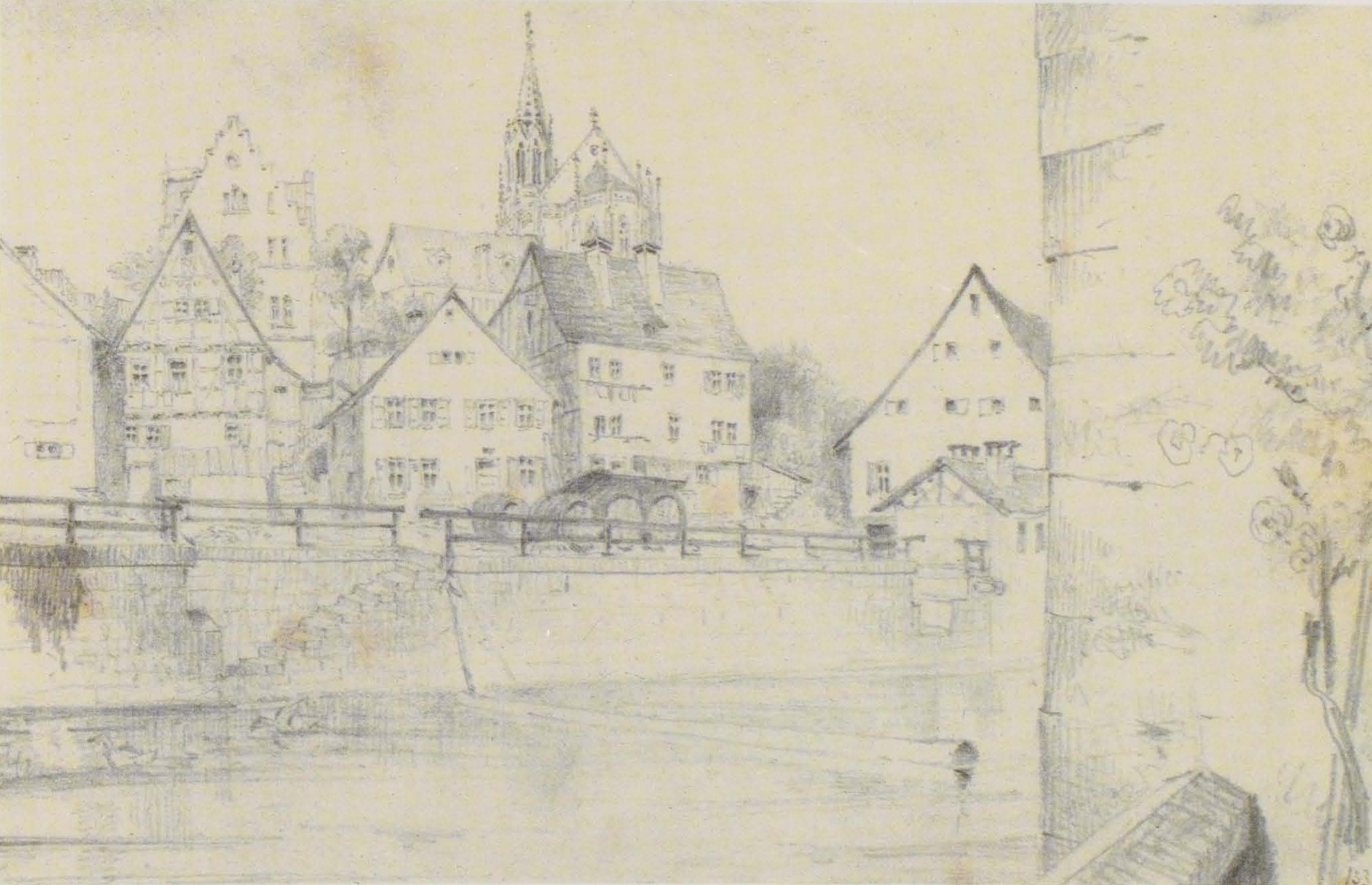 Ein Bleistift-Zeichnung mit dem Titel "Nürnberg, Deutschland" von Joseph Mallord William Turner, das eine Stadtansicht mit einem Fluss, Gebäuden, Bäumen und einer Brücke zeigt.