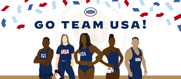 Gruppe animierter Menschen vor einem weißen Hintergrund mit der Schrift "Go Team USA" in fetten, bunten Buchstaben, die die US-amerikanische Frauen-Volleyball-Nationalmannschaft darstellen.