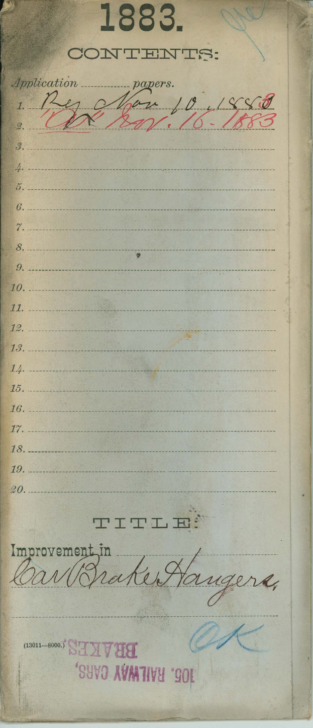 Offenes Buch mit dem Titel "Verbesserung der Bremsen in Eisenbahnwagen" von 1883, das eine Liste von Gegenständen auf einer gedruckten Seite zeigt.